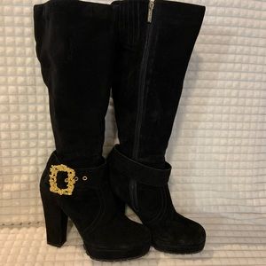 Black Heeled Suede Boots with Gold Buckle
